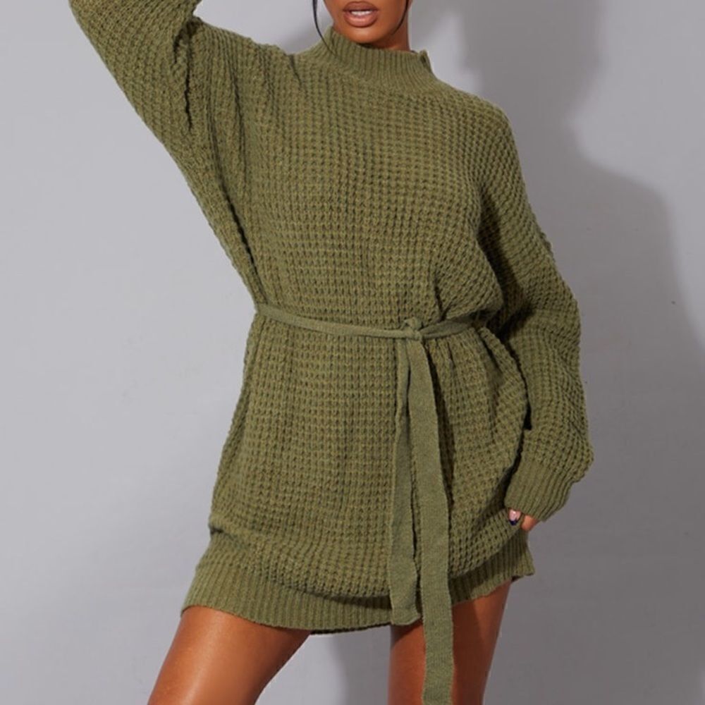 Khaki Soft Belted Knitted Sweater Dress